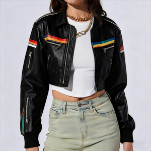 Custom Fashion High Quality <b>Genuine</b> Leather Sleeves Motorcycle Jacket Cropped Riding Leather Zippered Varsity Jacket for Women - Product Image 1