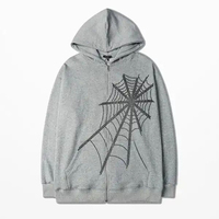 Sudadera con Capucha Negra para Hombre, con Cierre, Estampado de Telaraña, Corte Regular, Estilo Casual, 100% Algodón Tejido, para Otoño