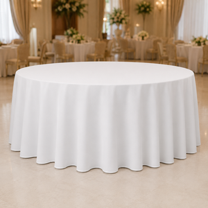 Wholesale 120 Inch White Round Polyester <b>Tablecloth</b> Hemmed Edge Hotel <b>Wedding</b> Banquet Event Rental Linen - Product Image 1