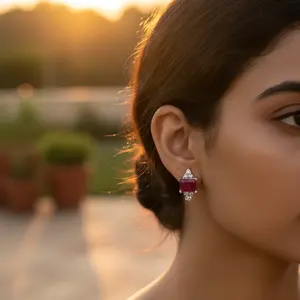 Boucles d'oreilles pendantes tendance pour femme, style vintage, avec rubis et diamants, en argent, or blanc et or jaune, bijoux en pierres précieuses certifiées GIA - Product Image 2