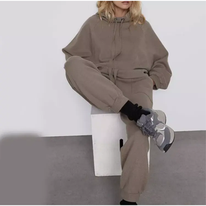 Trending New Arrival Custom Unisex Fleece Drawstring Chándal Mujeres Joggers Traje Dos piezas Sudadera con capucha Conjuntos Tela personalizada - Product Image 6