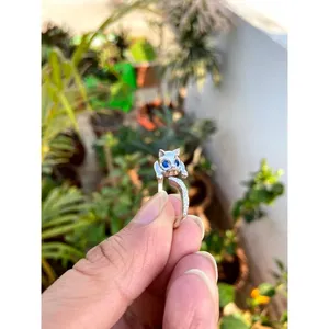 925 Silver Fine Jewelry <b>Cat</b> Ring with Blue Sapphire Trendy Gemstone Ring Resizable Plated Brass Great <b>Gift</b> Idea - Product Image 5