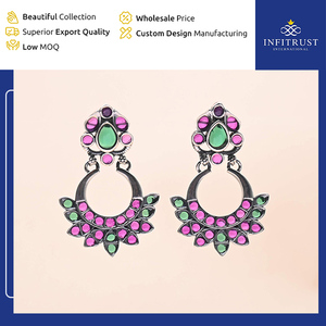 India <strong>Origin</strong> <strong>Supplier</strong> of Emerald <strong>Ruby</strong> <strong>Stone</strong> Studded Floral Motif Oxidised Silver Girls Chandbhali Earrings at Wholesale Price - Product Image 2