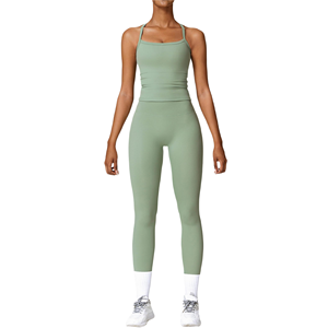 กางเกงเลกกิ้งออกกำลังกายสำหรับผู้หญิงขายดี พร้อมบราในตัว ระบายอากาศ ป้องกันแบคทีเรีย แห้งเร็ว ลายเรียบ ชุดโยคะสำหรับเล่นกีฬา - Product Image 1