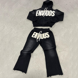 Custom Flared Sweatpants and Hoodie <b>Set</b> 500GSM Oversized <b>Embroidery</b> Stacked Sweatsuit Baggy Fleece Acid Washed Tracksuits - Product Image 1
