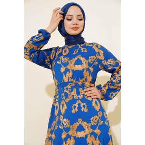 Vestido de Crepé con Cinturón y Estampado Mixto, Color Índigo - Product Image 3