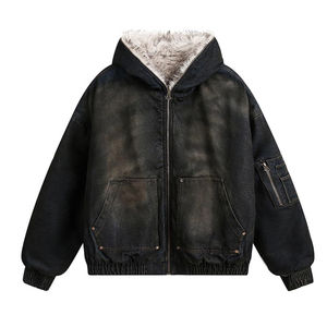 Veste en jean à capuche unisexe personnalisée, en molleton de coton de haute qualité, fermeture éclair, délavée au soleil, noire, avec doublure en fourrure, coupe ample, design 2026 - Product Image 1