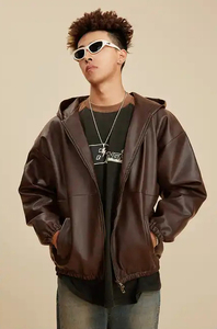 แจ็กเก็ตหนัง PU ซิปรูดสำหรับขี่มอเตอร์ไซค์แนววินเทจมีฮู้ดแบบรูดซิปทรงโอเวอร์ไซส์แจ็คเก็ตแฟชั่นสำหรับผู้ชายกลางแจ้งฤดูหนาว - Product Image 3