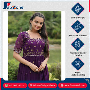 High Quality Luxury Designer Short <b>Sleeve</b> Square Neck Faux Blooming With Embroidery Zari Sequins Work Anarkali Gown for Women - Product Image 2