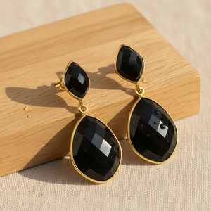 Boucles d'oreilles pendantes en onyx noir, 4,5 pouces, 20 grammes, coupe fantaisie |   Bijoux en argent sterling 925 plaqué or 18 carats avec pierres précieuses - Product Image 5