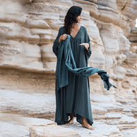 Vestido Maxi Kaftán Bohemio de Algodón Gasa Teñido Liso con Cintura Natural, Dobladillo Acampanado Hecho a Mano, Cuello en V, Manga Larga y Abertura Alta