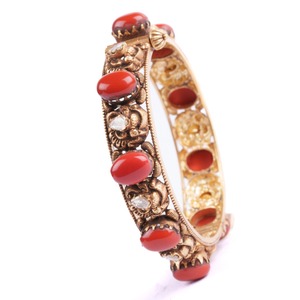 Traditional Gajaah 925 Sterling Silver Praval Red Coral & Polki Antique <b>Kadas</b> Jaipuri Bridal Single Bangle For Women Engagement - Product Image 2