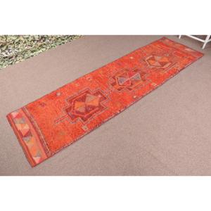 Turkish Rug, 2.7x9.5 ft Vintage Rug, <b>Red</b> Orange Animal Print <b>Wool</b> Rug - Product Image 2