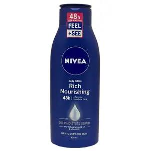 NIVEA Rich Nourishing Body Lotion (400ml), 48hr Replenishing Body Moisturiser Intensive Moisturising Cream with Almond Oil