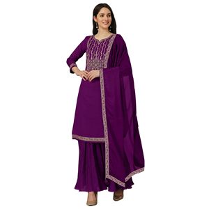Trendmalls Conjunto de traje de Salwar étnico con bordado de seda Vichitra para mujer Pantalón Kurta púrpura con Dupatta (G132) - Product Image 1