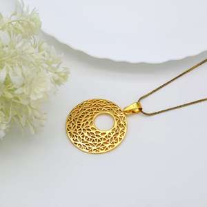 <b>Boho</b> Filigree Round Pendant Brass <b>Necklace</b> Women 18k Gold Plated Floral Design Wholesale - Product Image 3