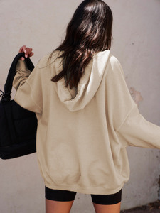 Pull à capuche régulier à col en V pour femmes couleur unie à manches longues léger sweat ample avec poche grande taille hiver - Product Image 6