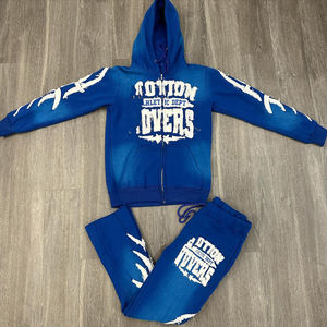 High Quality Vintage Cotton <b>Zip</b>-<b>Up</b> Oversized Cropped Acid Wash Tracksuit Set <b>Men's</b> Streetwear Embroidered Custom Winter Clothing - Product Image 2