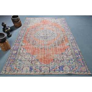 Tapis Turc Vintage 5.8 X 8.8ft Orange Bleu Patchwork Design Laine Matériel Latex pour Entrée Couloir Abstrait 9x12 Rectangle - Product Image 1