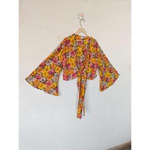 Taille Libre Femmes Crop Top Vintage Floral Print Tie Top Bell Sleeve Casual Silk Wrap pour Summer Party Most Trending Dot Pattern - Product Image 6