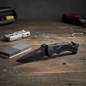 Coltello con blocco di sicurezza con manico nero e lama liscia-seghettata con clip di Wallis K900325 - Product Image 6