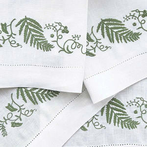 Wholesale White <b>Linen</b> Guest <b>Towel</b> Custom Embroidered Fern Leaves Cloth Napkin Hemstitch <b>Tea</b> Napkin Home Hotel Weddings Events - Product Image 3