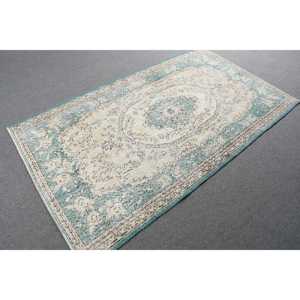 Alfombra Turca de Lana, 3.8x6.7 pies, Azul y Blanca a Rayas - Product Image 4