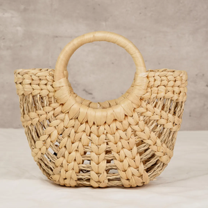 Handcrafted Mini Water Hyacinth Handbag with Houndstooth Bow / Stylish Woven Straw <b>Purse</b> with Round Handle - Product Image 5