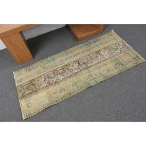 Alfombra vintage de lana turca de 2,2x4,8 pies, tejido plano de retazos beige y azul para decoración de sala de estar con respaldo de látex - Product Image 2