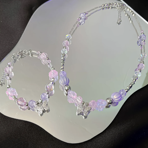 Crystal Purple Jewelry Set, butterfly Pendant, Fairycore <b>Beaded</b> <b>Necklace</b>/ Bracelets, Kpop Style Custom <b>Necklace</b>, Gift for Her - Product Image 1