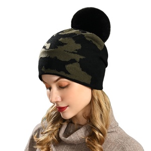Women's Fashion Winter Knitted <b>Wool</b> <b>Beanie</b> Hat with Faux Fur Pom Pom Casual Camouflage Pattern for Beach Performances - Product Image 4