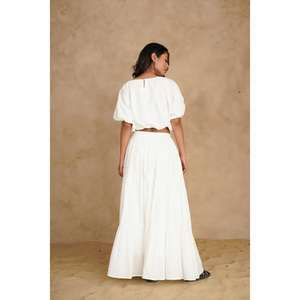 Women's White Two-Piece <b>Skirt</b> Set Puff Sleeve Crop Top Flared Floor-Length <b>Skirt</b> Natural Waist Solid Color Summer Co-Ord Outfit - Product Image 4