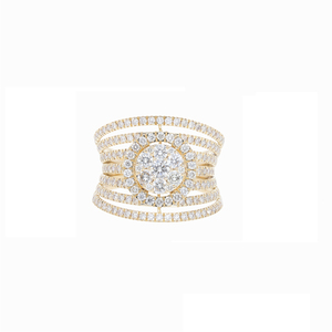 14K Gold Rhodium Plated Multi-Row Classic Diamond Ring for Women Natural Round Brilliant Cut Wide Band Halo Cluster - Product Image 1