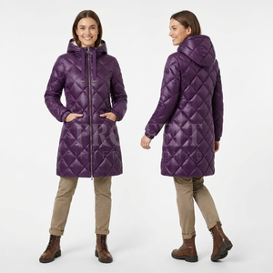 Abrigo Acolchado Largo con Patrón de Diamantes de Alta Calidad y Estilo Moderno, con Capucha, Cierre Frontal, Cálido, Ligero, para Exteriores - Product Image 6