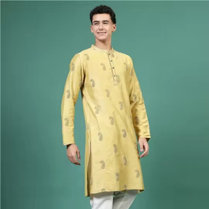 Designer คุณภาพระดับพรีเมียมงานแต่งงานเทศกาล Paisley พิมพ์ด้ายทํางานรูกุญแจคอ Kurta พิมพ์ผู้ชาย Kurta พร้อมชุดนอนสําหรับชาย - Product Image 1