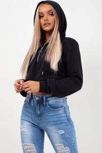2025 Latest Design <b>Black</b> Color <b>Plain</b> Blank Long Sleeve Half Zipper Crop Cotton <b>Hoodie</b> Women's Custom Made Plus Size Crop <b>Hoodie</b> - Product Image 4