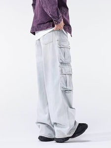 กางเกงยีนส์ใส่ทำงานสีอ่อนสำหรับผู้ชาย, กางเกงยีนส์เอวสูงปานกลางดีไซน์ขาตรงยาวมีกระเป๋าซักหลายกระเป๋าทรงหลวม - Product Image 2