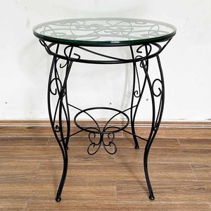 Durable Round Glass-Top <b>Table</b> with Traditional Patterned Iron Legs CFD68146 - Product Image 6
