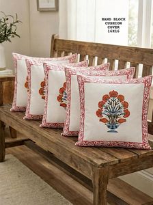 Hand Block <b>Printed</b> Floral Vase <b>Cushion</b> Cover 16×16 Inch – Pink Border - Product Image 2