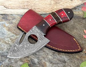 Cuchillo de caza de acero de Damasco con gancho de tripa hoja fija Funda de cuero supervivencia para acampar al aire libre compatible con OEM - Product Image 3
