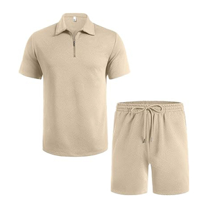 Tenues de sport de jogging athlétique kaki léger et respirantes pour hommes ensemble de 2 pièces polo à fermeture éclair et short survêtement - Product Image 3