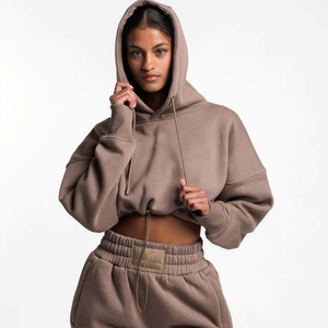 Vente en gros boutique vêtements pour femmes couleur unie à manches longues pull court sweat femme à capuche coton sport streetwear - Product Image 2