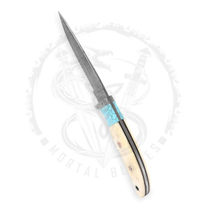 Cuchillo de Caza Recto Fijo de Acero Damasco VG10 para Exteriores, Mango de Cuerno Turquesa, Acero Inoxidable, Incluye Funda de Cuero - Product Image 3