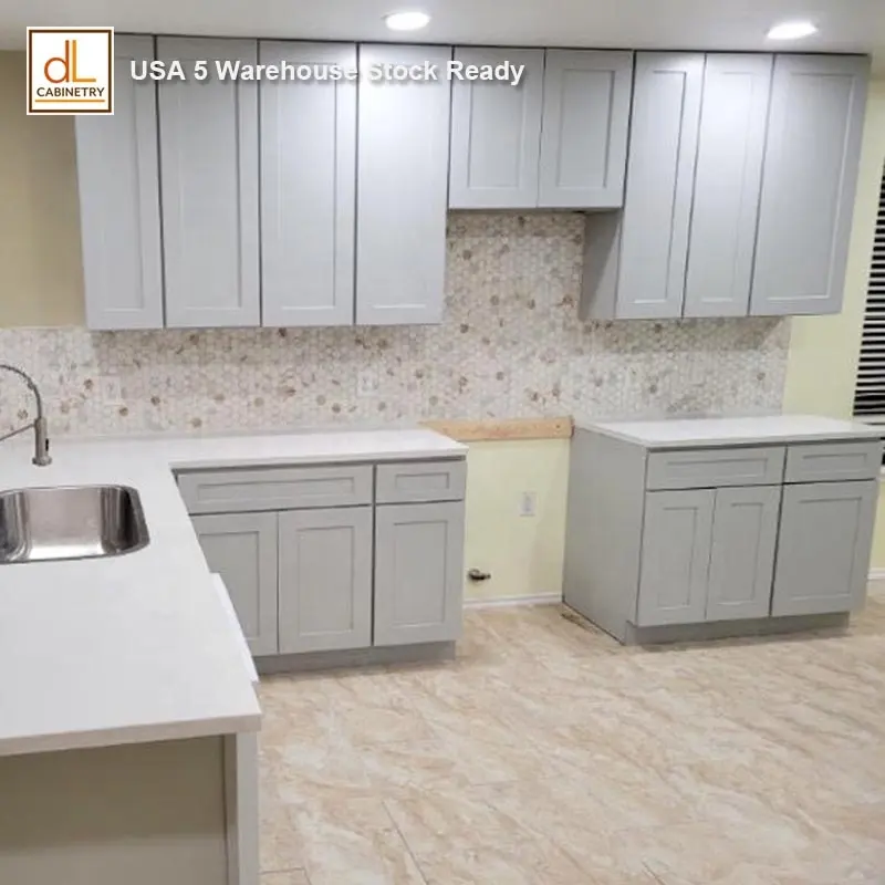 USA Warehouses Delivery in One Set Popular Modern Grey Kitchen Cabinet with Island