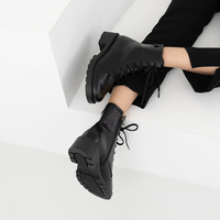 [JSHOE] sepatu bot pergelangan kaki renda kulit sapi asli buatan tangan untuk wanita tumit Chunky antiselip Walker 4.5cm buatan Korea