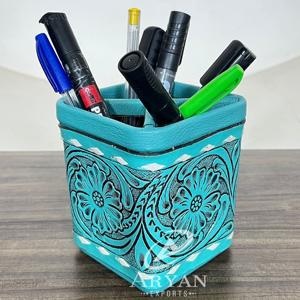 Organisateur de bureau multifonctionnel en cuir véritable fait main, porte-stylos et porte-crayons - Product Image 1