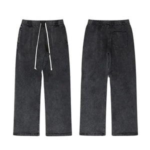 Streetwear vintage noir délavé à l'acide pour hommes taille élastique respirant de haute qualité coton lourd polaire ample décontracté - Product Image 1
