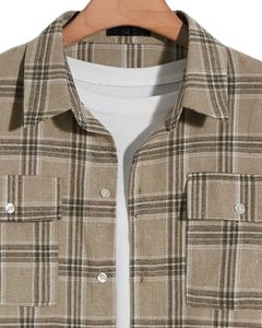 Chemise en flanelle à carreaux marron kaki pour homme, personnalisée par le fabricant, boutonnée, à manches longues, décontractée, à double poche poitrine, douce et confortable - Product Image 4