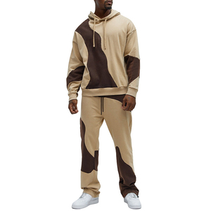 Sweat à capuche de haute qualité à épaules tombantes, patchwork, surdimensionné, poche kangourou, bloc de couleur, lavé, abstrait, marron, sweat à capuche pour homme - Product Image 1