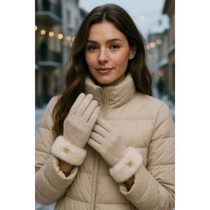 Guantes beige con pantalla táctil y puños de piel sintética para mujer ELD29 - Beige - Product Image 2
